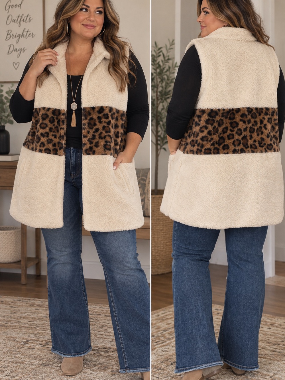 Cream Sherpa Vest with Leopard Accent - Women's Plus Size